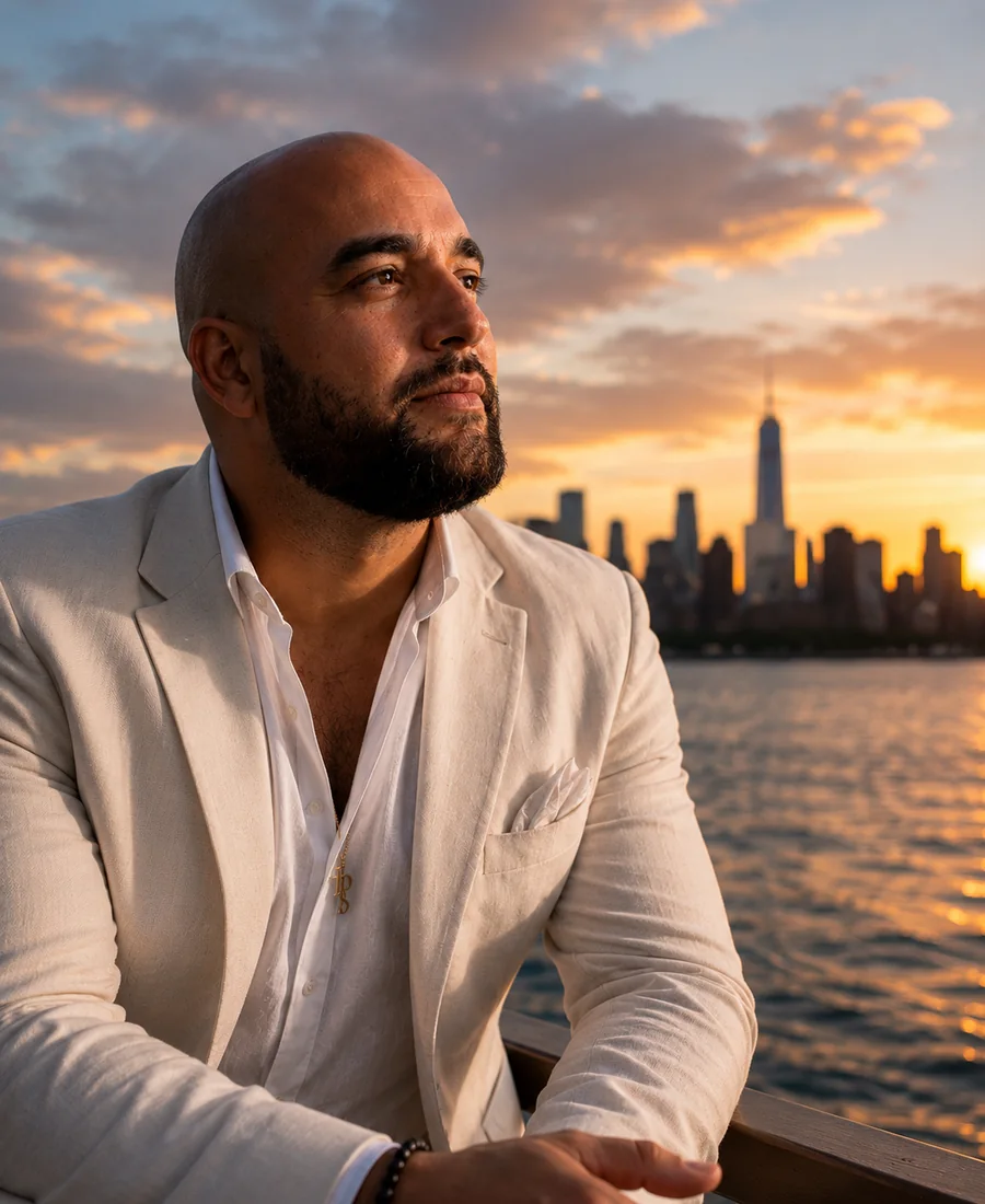 Retrato al atardecer frente a Nueva York