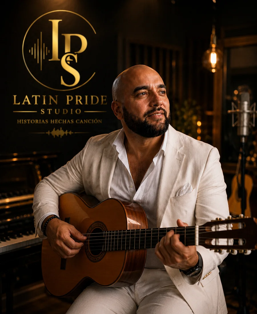 Retrato con guitarra en estudio